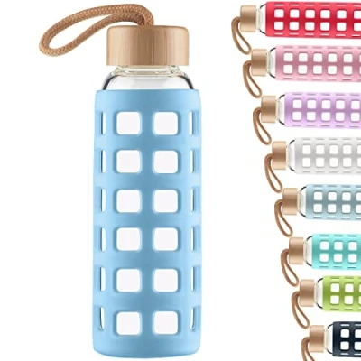 Image of Cleesmil Sports Glass Water Bottle with Silicone Sleeve Bamboo Lid BPA Free 1000 ml / 1 litre (Blue)