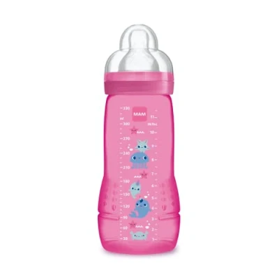 Image of MAM Easy Active 6+ Months Bottle (330 ml) Pink with Ultra Fast X Speed Silicone Teat Baby airtight Seal