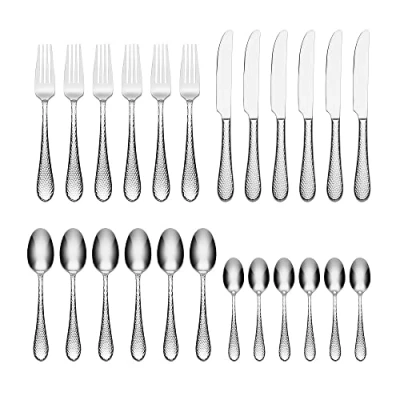 Image of Oneida Tibet 24 Piece Cutlery Set Stainless Steel for 6 with Hammered Finish, Heavy Weight Rust Resistant &amp; Dishwasher Safe Artisan Flatware, Silver