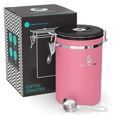 Image of Coffee Gator Stainless Steel Container Fresher Beans and Grounds for Longer Canister with Date Tracker, CO2 Release Valve Measuring Scoop Large Pink
