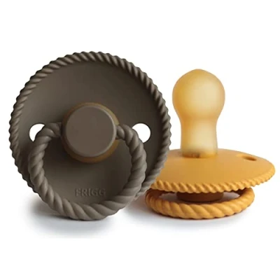 Image of FRIGG Rope Latex Pacifier Pack of 2 Natural Rubber Soother Dummy BPA Free Made in Denmark Symmetrical Cherry Shaped Nipple (Honey Gold/Portobello, Size 1 (0 6 Months))
