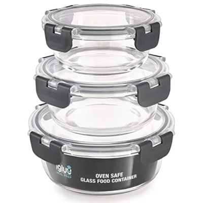 Image of Igluu Meal Prep Set of 3 Stackable Glass Round Containers Lunch Box for Food Storage, Freezer, Microwave &amp; Oven Dishwasher Safe, BPA Free Bowls Airtight SnapLock Lids (Different Sizes)