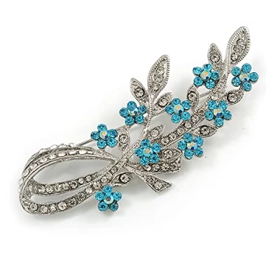 Image of Avalaya Romantic Diamante Floral Brooch in Rhodium Plating Clear &amp; Teal Blue 75mm L