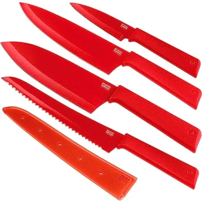 Image of Kuhn Rikon Colori+ Mixed Kitchen Knife Set with Blade Covers. Includes Chefs Knife, Bread Santoku and Paring Knife. Ultra Sharp Japanese Stainless Steel Blade. Dishwasher Safe. Red