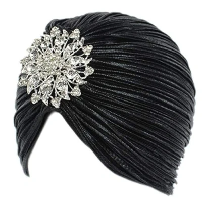Image of EORUBE Vintage Turban Hat with Crystal Brooch Feather Headwraps for 1920s Gatsby Costume Cocktail Party (Brooch Style 1 Black)