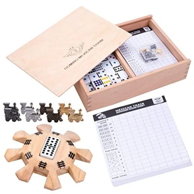 Image of Engelhart 250120 Mexican Train Dominoes Set D12 Deluxe Beechwood Box + Scorepad Wooden Station 8 Metal Trains 91 2 to Players