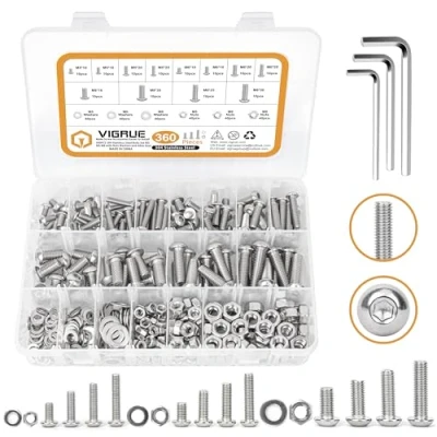 Image of VIGRUE 360 Pieces 304 Stainless Steel Screws Set M5 M6 M8, Threaded with Nuts Washers and Allen Keys in Storage Box