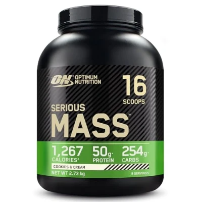 Image of Optimum Nutrition Serious Mass Protein Powder High Calorie Gainer with Vitamins, Creatine and Glutamine, Cookies Cream, 8 Servings, 2.73 kg, Packaging May Vary