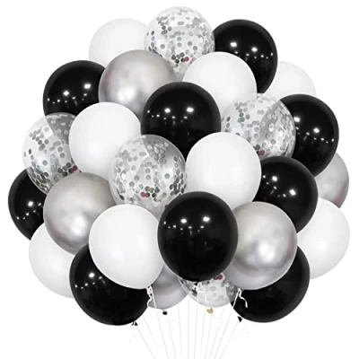 Image of Black Silver Balloons, 30 Pack 12 Inch Matte White Balloon Metallic Confetti Helium Latex Balloons for Birthday Baby Shower Wedding Anniversary Carnival Graduation Party Decorations