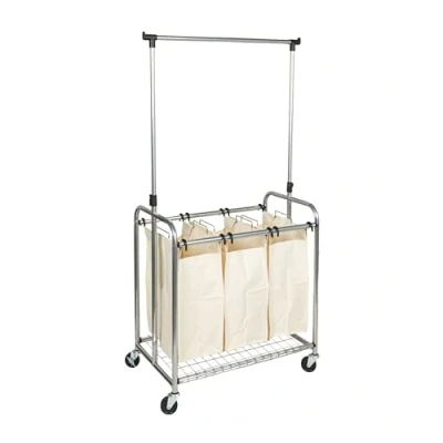 Image of Household Essentials 3 Bag Laundry Sorter with Clothes Rack, Steel, Metallic