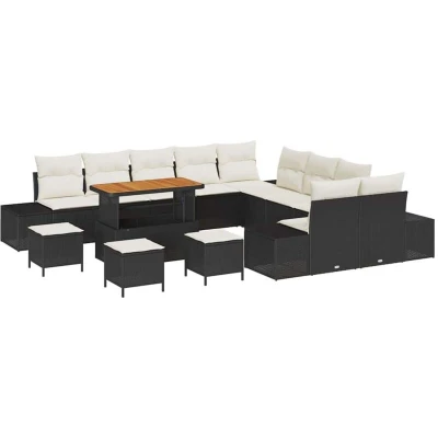 Image of vidaXL 14 Piece Garden Sofa Set with Cushions Black Poly Rattan Acacia