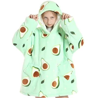 Image of Flannel Wearable Blanket Sweatshirt Hoodie UK Comfy Fluffy Avocado for Kids Girls, Warm Oversized with 2 Pocket,Elastic Cuffs &amp; Machine Washed