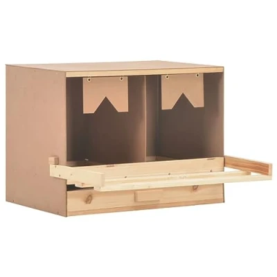 Image of vidaXL Chicken Laying Nest 2 Compartments Nesting Box Solid Pine Wood and MDF Foldable Perch &amp; Removable Layer for Easy Cleaning Brown/Natural Colour 63x40x45 cm