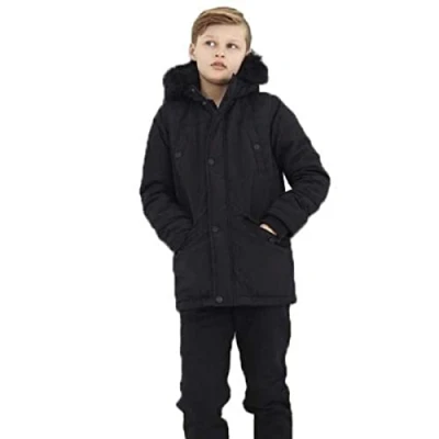 Image of BRAVE SOUL Boys Wonderwall Hooded Parka Jacket Quilted Coat with Faux Fur Hood (9 Years, Black)