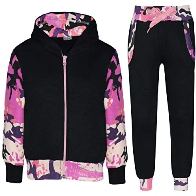 Image of A2Z 4 Kids Girls Boys Tracksuit Plain Camouflage Contrast Fleece Hooded Top With Bottom Joggers Suit T.S 101 Camo Baby Pink 13