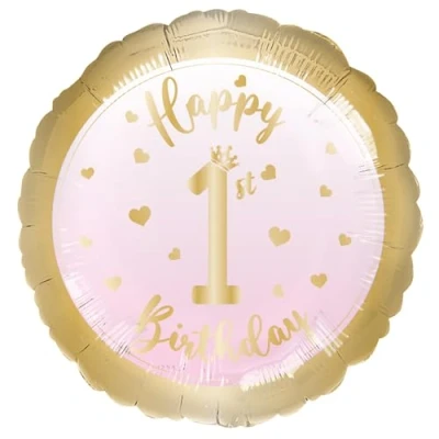 Image of Amscan 9917251 Happy 1st Birthday Pink &amp; Gold Girls Round Foil Balloon 18&quot;
