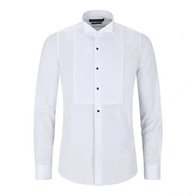 Image of TruClothing Mens Wing Collar White Shirt Pleated Tuxedo Double Cuff Slim Fit Satin Cotton M