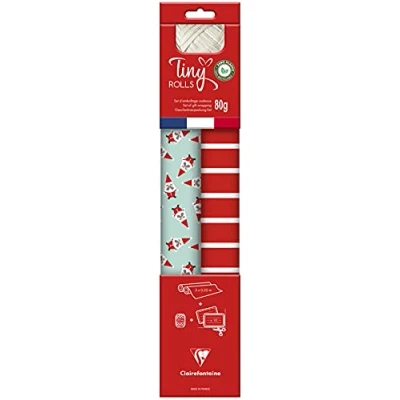 Image of Clairefontaine Ref 223890C Tiny Rolls Gift Wrap Set 2 x (80gsm, 35cm 5m), 10 Tags (Rectangular &amp; Round), 20m Ribbon Red Blue Patterns