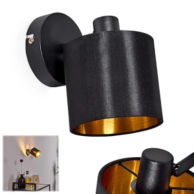 Image of Wall Light Alsen, lamp Made of Metal/Fabric in Black/Gold, 1 Flame, x E14 socket, Adjustable spot with Fabric lampshade Retro/Vintage Design, Without Bulbs