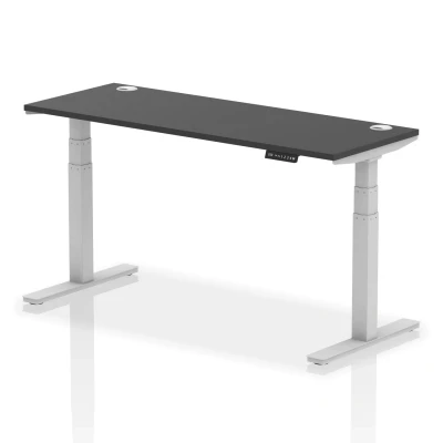 Image of Air 1600x600mm Height Adjustable Desk Black Top Cable Ports Silver Leg