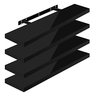 Image of WOLTU High Gloss Floating Shelves,Set of 4 Wall Shelf,CD DVD Storage Corner Shelf, Premium Wooden Shelves for Bedroom LivingRoom kitchen 90x22.9x3.8cm, Black, RG9481sz