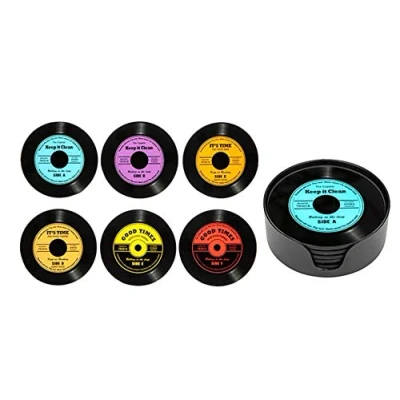 Image of Set of 6 Glass Retro Record Coasters in Stand