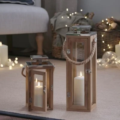 Image of Lights4fun Set of 2 Nautical Wooden Decorative Battery Operated LED Candle Lanterns with Rope Handle