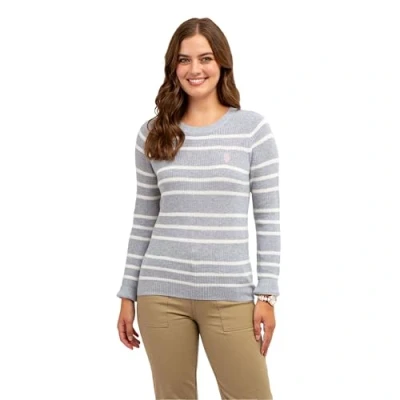 Image of U.S. Polo Assn. Women&#039;s Crew Neck Sweaters Raglan, Cable Knit &amp; Striped, Heather Grey, M