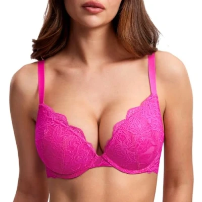 Image of DOBREVA Women&#039;s Push Up Lace Bra Sexy Plunge Padded Underwire Support Bras Lift Glitter Pink 38A