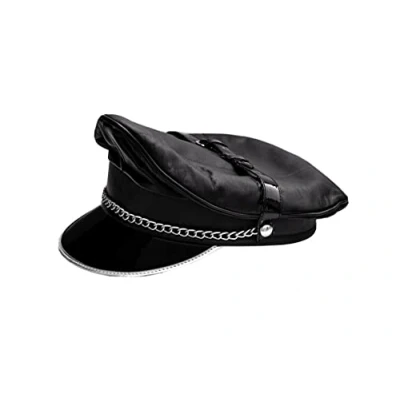Image of N? Black Silver Trim Peak Genuine Leather Biker Muir Cap with Chain and Strap (Large)