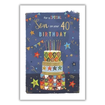 Image of Son 40th Birthday Card Age 40 Special Cake and Stars Design Finishes Illustrated Insert Leaf Made in the UK Eco Friendly