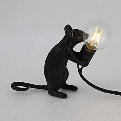 Image of ausuky Retro Rat Table Lamp Mouse Desk Light Bedside Resin Mice Warm Room Decor E12 Base (Black Sitting)