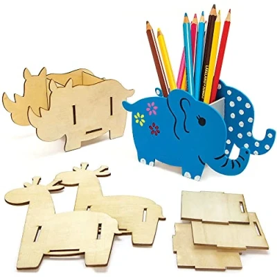 Image of Baker Ross FC920 Elephant Giraffe and Rhino Wooden Pen Pot Kits Pack of 3, Wood Crafts Stationary Storage for Kids, Arts Kids