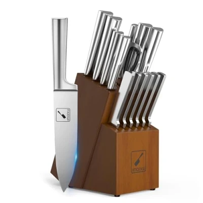 Image of Knife Set imarku Kitchen 15 Pieces Japanese Stainless Steel Block with Sharpener Dishwasher Safe Knives, Ultra Sharp Chef for Kitchen, Silver—Christmas Gifts