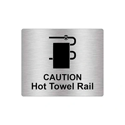 Image of Caution Hot Towel Rail Sign Adhesive Sticker Notice, Metallic Silver Engraved Black with Universal Icon Symbol and Text (Size 12cm x 10cm)