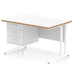 Image of Oslo 1200 x 800mm Edge Office Desk White Top Natural Wood Cantilever Leg Workstation 1 3 Drawer Fixed Pedestal