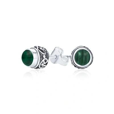 Image of Bali Style Tiny Round Forest Green Malachite Stone Stud Earrings For Women Oxidized .925 Sterling Silver