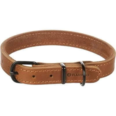 Image of Flamingo Montana Cognac Leather Collar M 37 45 cm x 20 mm with Rivets and Buckle Black Gloss Finish