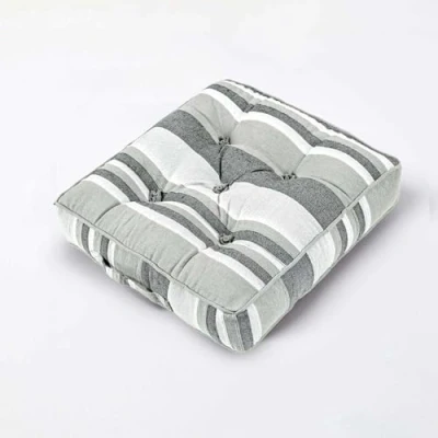 Image of HOMESCAPES Morocco Striped 100% Cotton Floor Cushion Grey Monochrome 40 x 8 cm Square Indoor Garden Dining Chair Booster Seat Pad