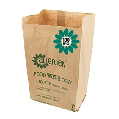 Image of 10 Litre x 100 Paper Compostable Bags Kitchen Caddy Liners Food Waste Bin EcoSack 10L Biodegradable with Composting Guide
