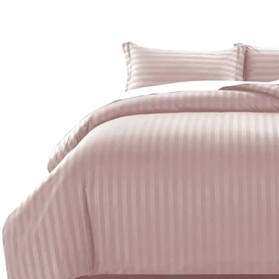 Image of MOONLIGHT20015 Super King Duvet Set Cover Hotel Quality Stripes Satin Bedding Sets with 2 Pillowcases, Reversible Hypoallergenic Soft Breathable Bed Covers (Peach, King)