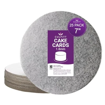 Image of Culpitt 7&quot; Cut Edge Round Cake Boards, Packs of 25, Decorating Wedding Support Cards 1.8 mm, Single Thick Lightweight Board, 7 Inch CSR, Silver