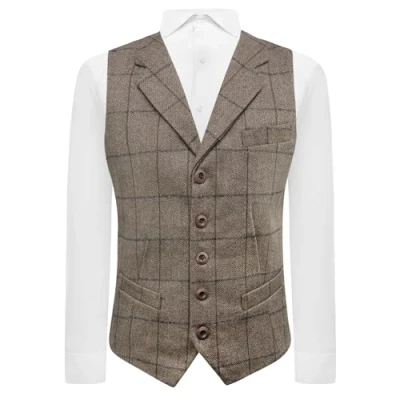Image of King &amp; Priory Light Khaki Brown Herringbone Check Waistcoat with Lapel L