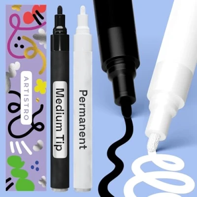 Image of ARTISTRO Black &amp; White Permanent Marker, Set of 2 Paint Pen, Oil Based Markers Medium Tip 3mm Waterproof Pens for Rock Painting, Ceramic, Glass, Wood, Tire, Fabric More