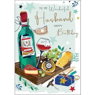 Image of Jonny Javelin Wonderful Husband Birthday Card Happy with Cheese and Wine Design Embossed Foil Details for Men