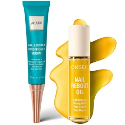 Image of Onsen Secret Nail Reboot Duo Treatment For Damaged Nails Natural Care &amp; Cuticle Repair Visible Results Perfect Nails, Conditioner Cream 15ml Oil 10ml
