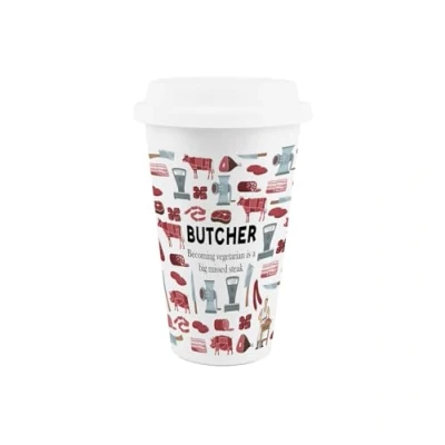 Image of Butcher Ceramic Travel Mug Novelty Meat Themed Gifts Reusable Silicone Lid Double Walled Insulated Hot/Cold Drinks Cup Present