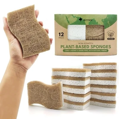 Image of AIRNEX Biodegradable Eco Sponges Washing Up Scouring Pads Non Scratch Natural Cellulose and Coconut Kitchen Sponge Scourers Pack of 12 Heavy Duty for Dishes, Pots Pans
