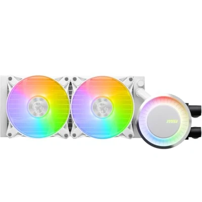 Image of MSI MAG CORELIQUID E240 WHITE CPU Liquid Cooler Enlarged Copper Cold Plate, ARGB Blockhead &amp; FDB Fans, Dual Chamber Water Block, Split Flow Radiator, Mystic Light Supported AMD Intel Compatible