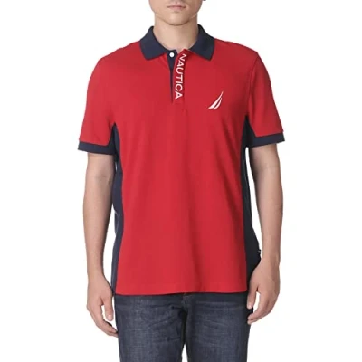 Image of Nautica Men&#039;s Short Sleeve Color Block Performance Pique Polo Shirt Red, XXL